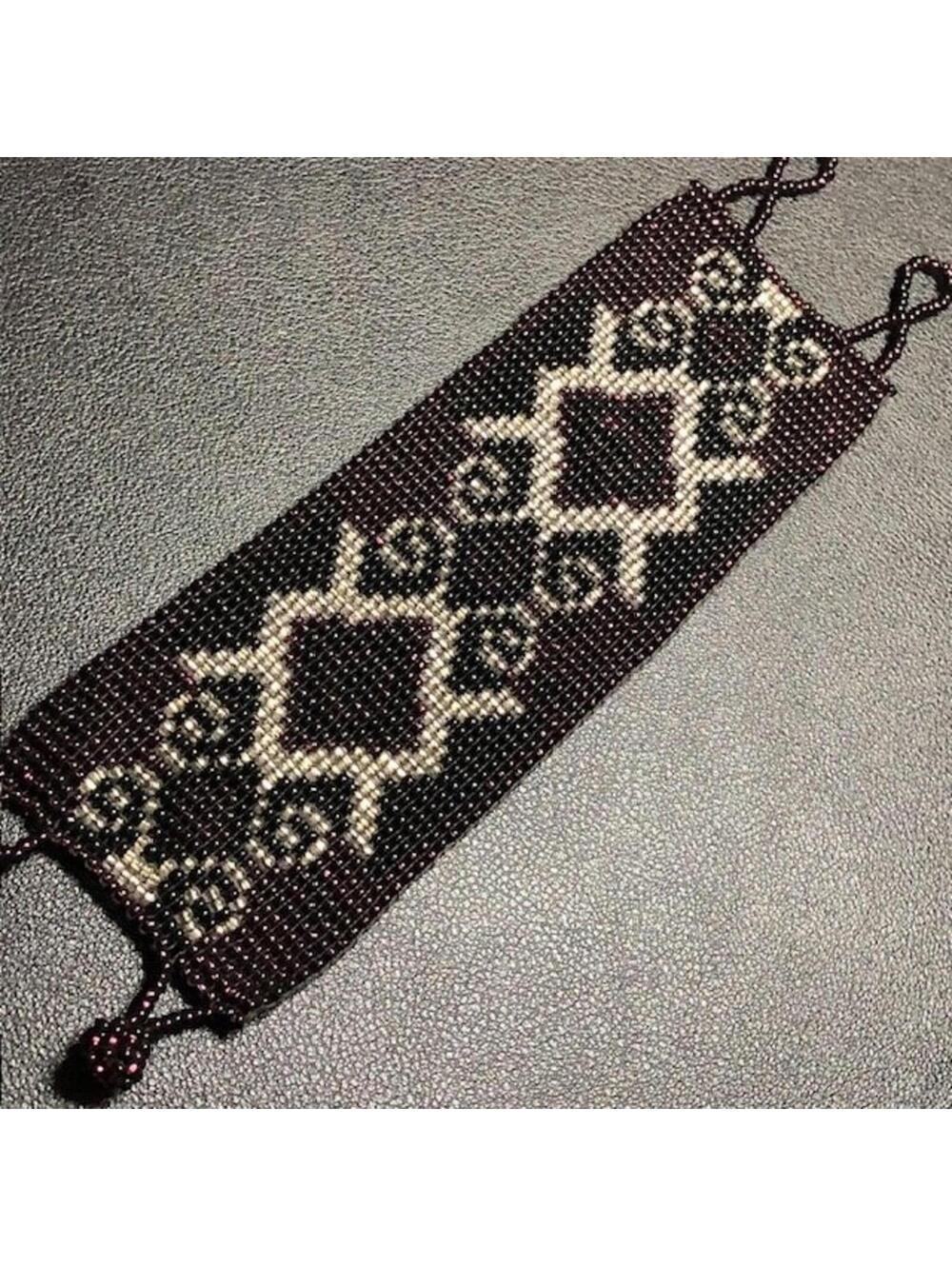 B2760 Seed Bead Boho Bracelet Geometric Pattern Black Purple Silver Loom 7.5"